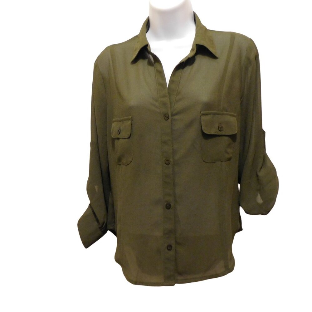 Women's Dejavu Green Long Sleeve Blouse Sz.L Cut Out Back